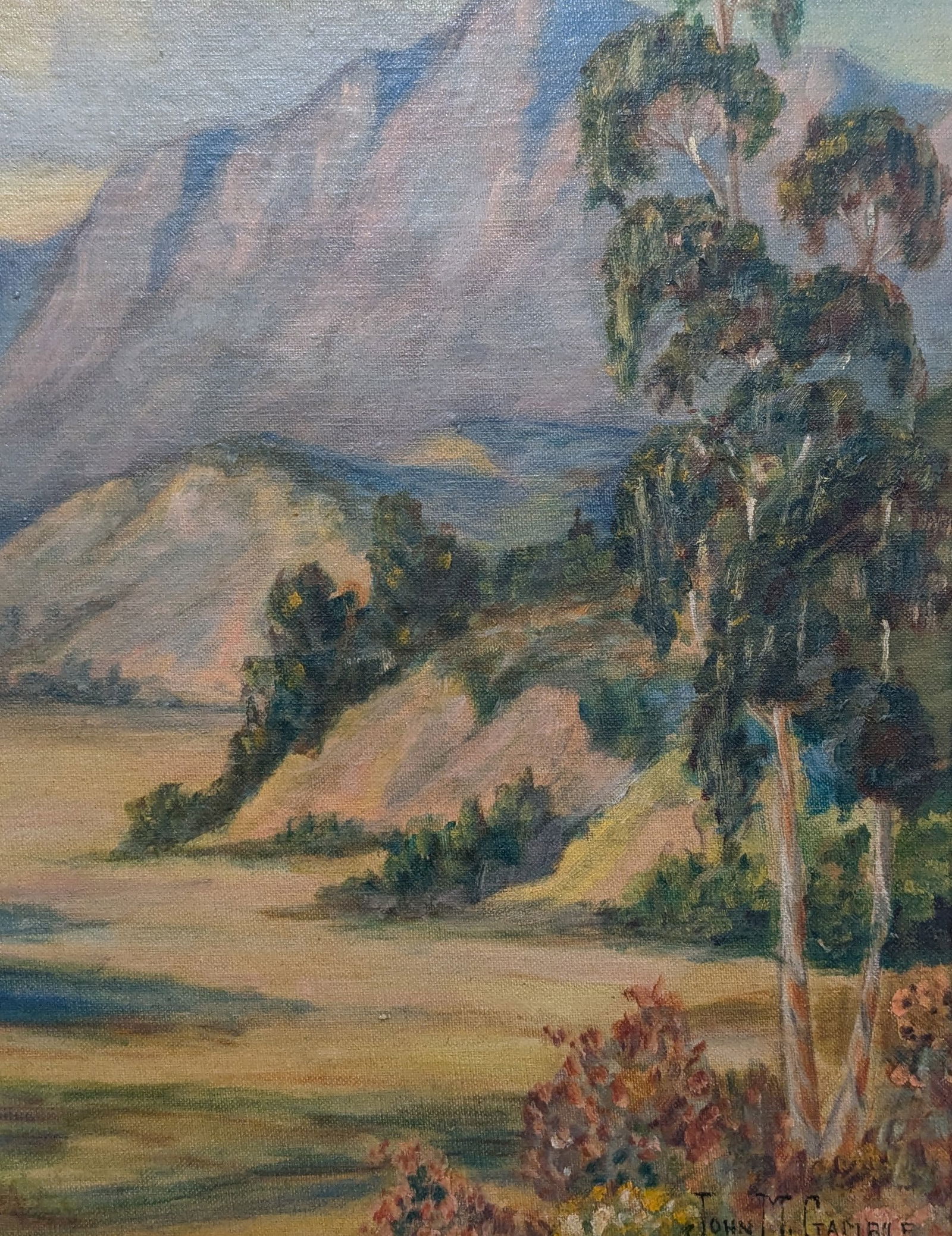 John Marshall Gamble "Eucalyptus Trees & Santa Barbara Mtn.": John Marshall Gamble "Eucalyptus Trees & Santa Barbara Mtn.", oil on board.Sight: 13.25" x 10.25"Frame: 18.5" x 15.5"Born in Morristown, New Jersey, John Gamble, influenced by French Impressionist pai