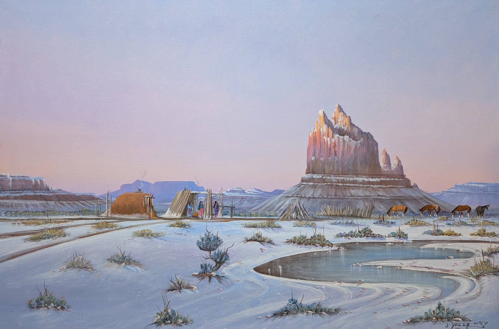 Johnny Yazzie, "Ship Rock", oil on canvas: Johnny Yazzie, "Ship Rock", oil on canvas, oil on canvas. Sight: 23.5" x 35.75" Frame: 27.5" x 39" Johnny Yazzie (1945 - 2021) was active/lived in New Mexico, Arizona. Johnny Yazzie is known for South