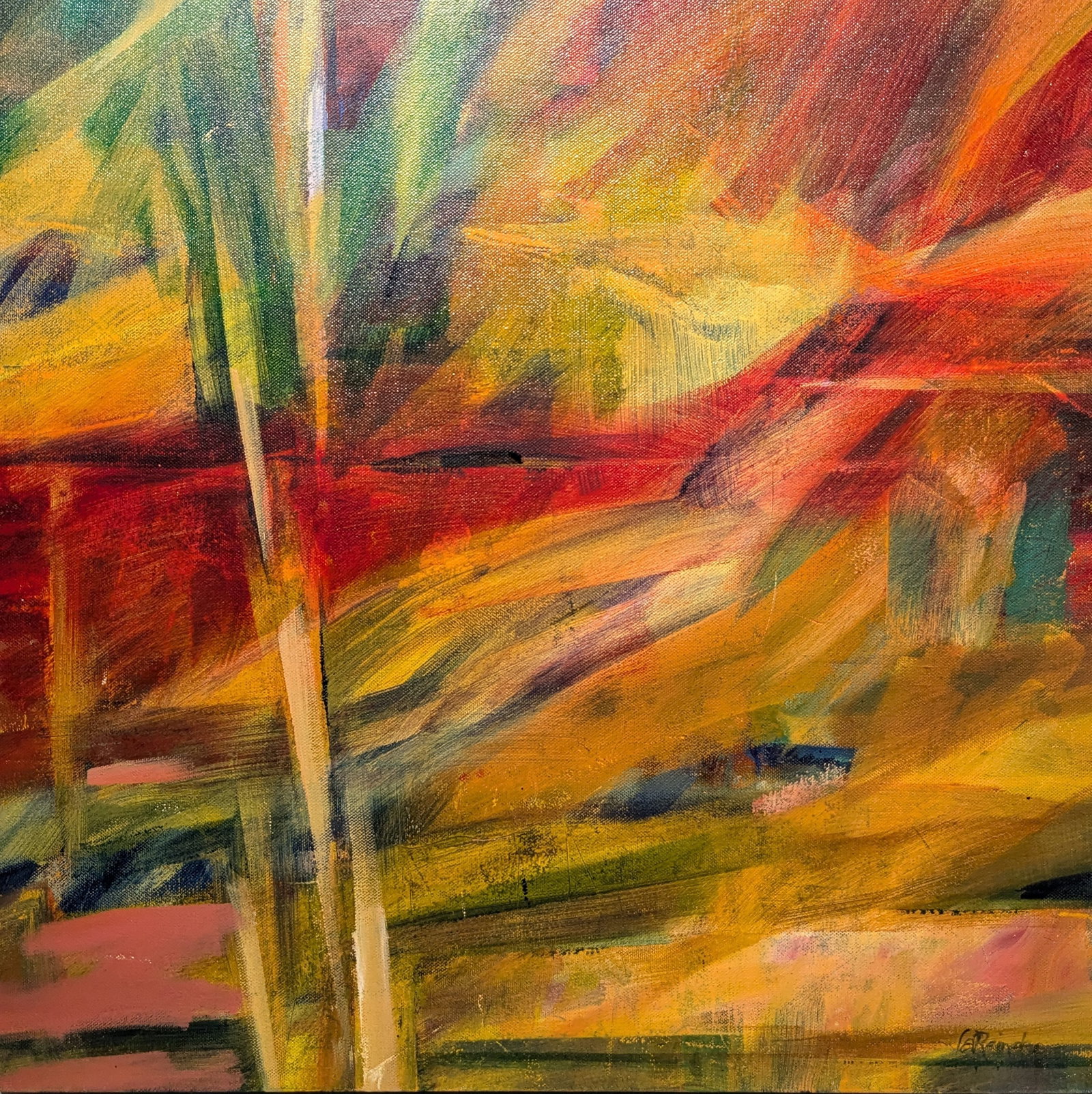 Lou Ann Reineke Contemporary Abstract Red Sky Painting: Lou Ann Reineke Contemporary Abstract Red Sky Painting, oil on canvas. 20" x 20" x 1.5" In-house shipping is available for smaller items. Shipping is available for larger and other fragile items throu