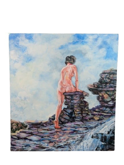 Simon Michael Nude on Rocky Cliffs Painting: Simon Michael Nude on Rocky Cliffs Painting , Acrylic on board. 11" x 10" x 0.12" Late 20th century rocky cliffs with female nude acrylic on mat board painting by Simon Michael (1906-2002) Texas. Unsi