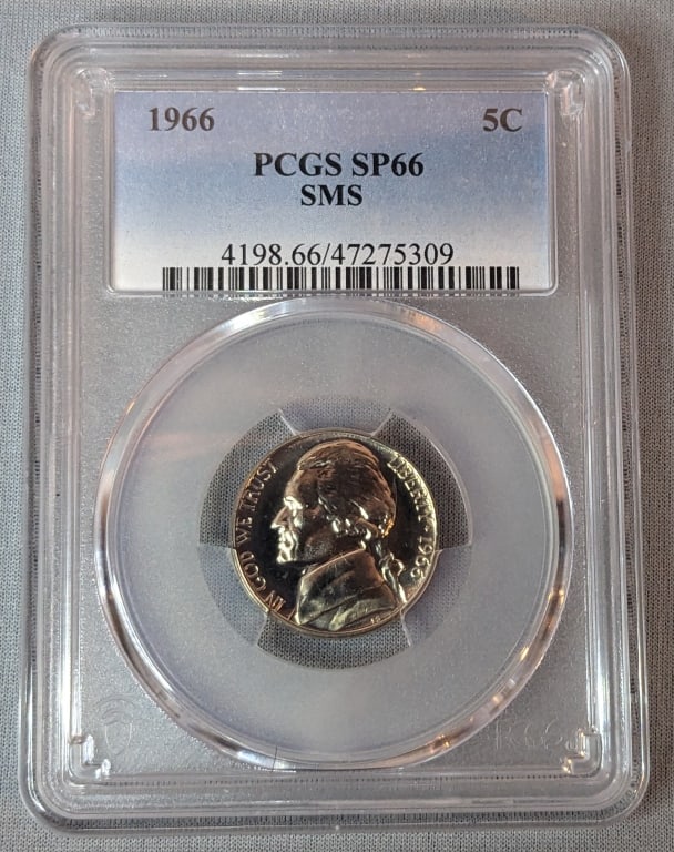 1966 US Jefferson Nickel PCGS SP66 SMS (Special Mint State): 1966 US Jefferson Nickel PCGS SP66 SMS (Special Mint State) . In-house shipping is available for smaller items. Shipping is available for larger and other fragile items through Pac Mail, which is a lo