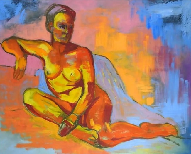 Ahuva Shweik 1990 Fauvist Nude Female Figure Painting: Ahuva Shweik 1990 Fauvist Nude Female Figure Painting, oil on canvas.24" x 30" x 0.75"Vintage 1990 oil on canvas fauvist style painting of reclining nude femaile figure by Ahuva Shweiki (20th century)