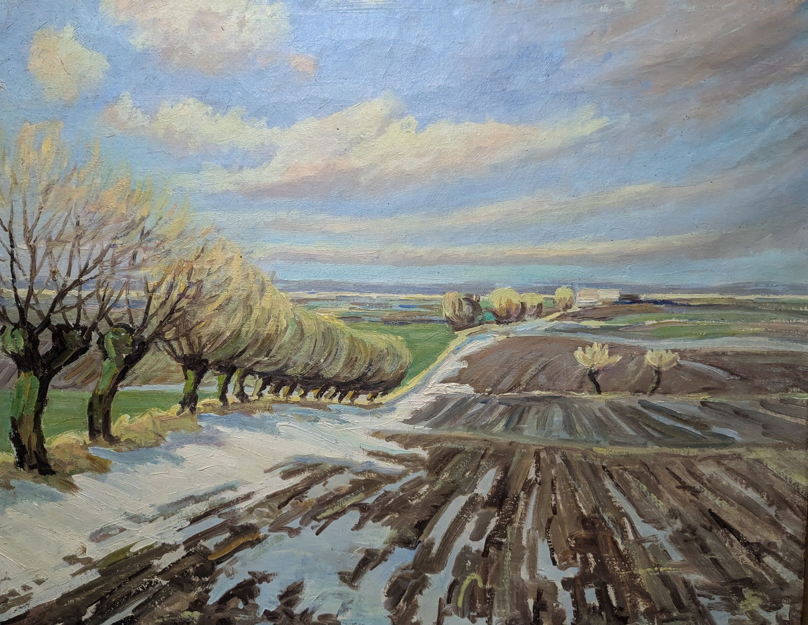 1980s Winter Fields Oil on Linen: 1980s Winter Fields Oil on Linen, oil on canvas.24" x 29" x 1.5"In-house shipping is available for smaller items. Shipping is available for larger and other fragile items through Pac Mail, which is a
