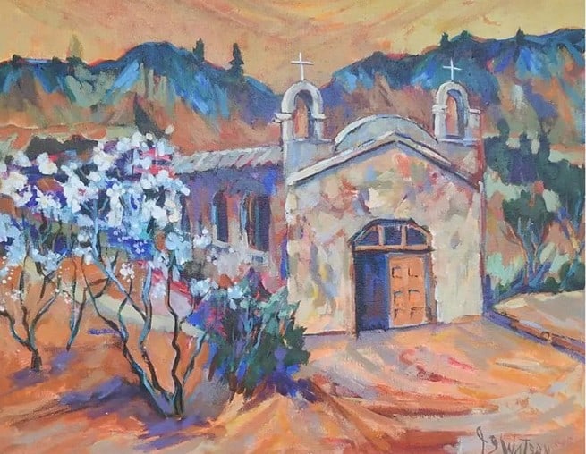Julie S.Watson Fauvist Chihuahua Mexico Church Apple Orchard: Julie S.Watson Fauvist Chihuahua Mexico Church Apple Orchard, acrylic on linen. 24" x 30" x 0.75" Vintage late 20th century acrylic on linen fauvist style painting of a small church and apple orchard 