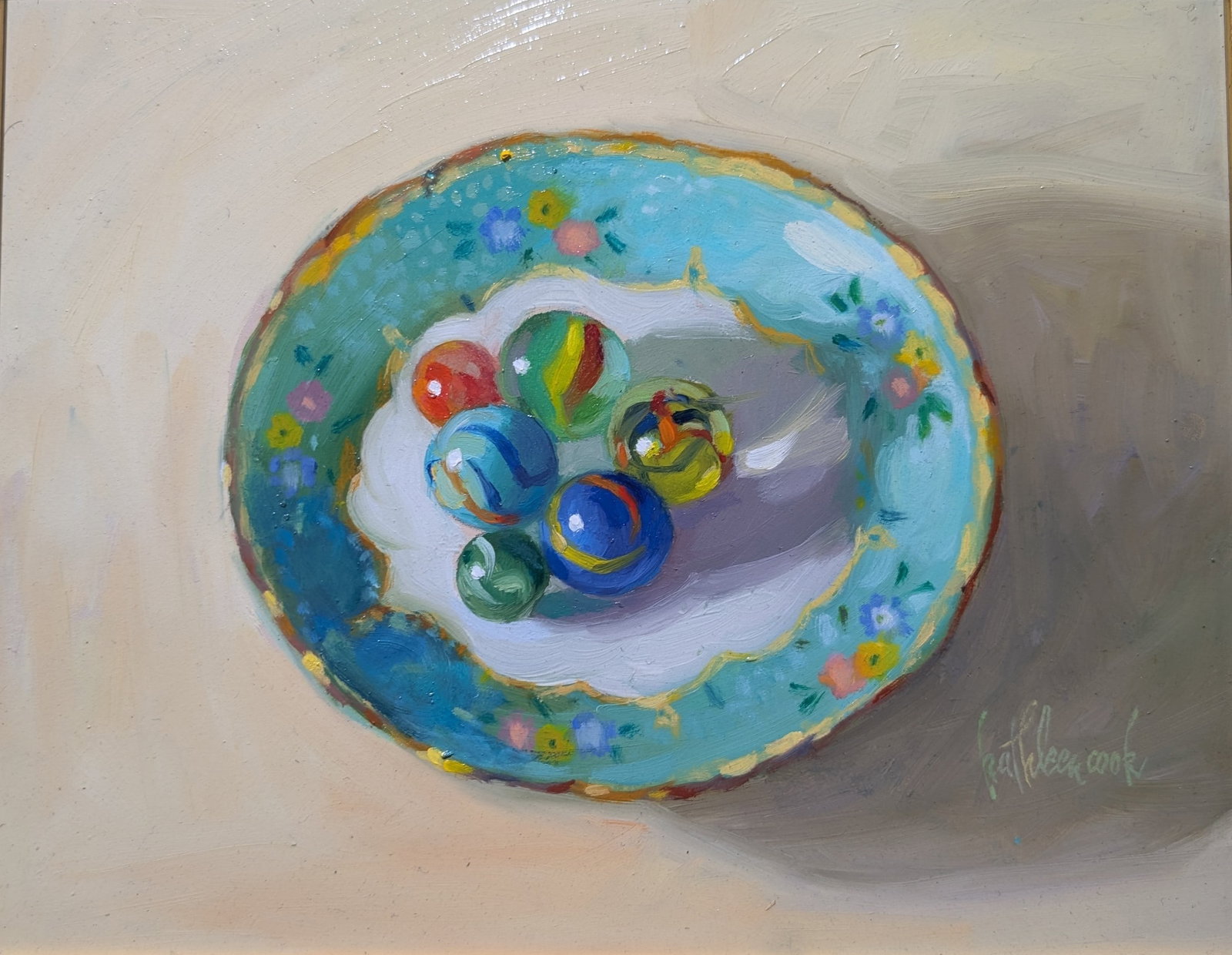 Kathleen Cook "Marbles": Kathleen Cook "Marbles". Sight: 7.5" x 9.5" Frame: 10" x 12.25" In-house shipping is available for smaller items. Shipping is available for larger and other fragile items through Pac Mail, which is a 