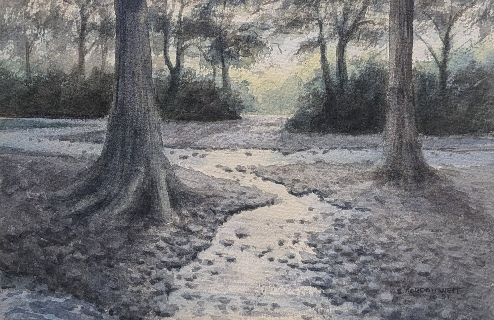 E. Gordon West, "Evening Time", Watercolor: E. Gordon West, "Evening Time", Watercolor. Sight: 7.75" x 11.75" Frame: 16.5" x 20.5" A landscape painter, especially of the Texas Hill Country and often with figures, E Gordon West was born June 1, 