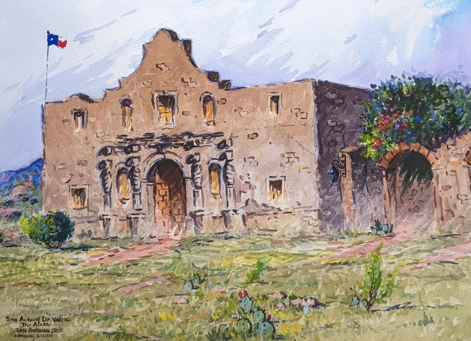 Lorenzo Castaneda, "San Antonio De Valero- The Alamo": Lorenzo Castaneda, "San Antonio De Valero- The Alamo", watercolor. Sight: 14.75" x 20.5" Frame: 26" x 31.75" Lorenzo Castaneda, Watercolor "San Antonio De Valero- The Alamo"Lorenzo Castaneda was born 