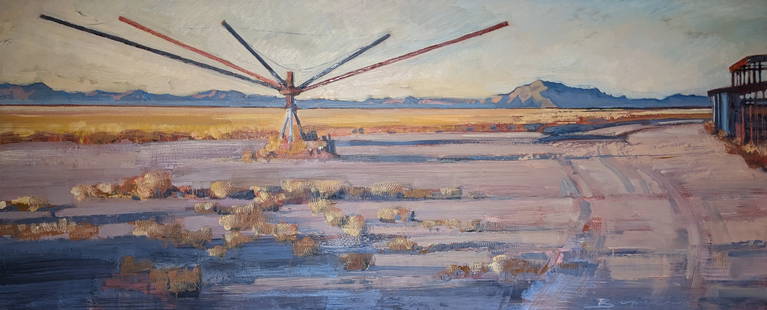 Mary Baxter, "Horsewalker at Belkin's Ranch": Mary Baxter, "Horsewalker at Belkin's Ranch", oil on poyfibre.Sight: 19.75" x 47.75"Frame: 20" x 48"Mary Baxter has always had a keen interest in art, particularly as a result of family camping trips