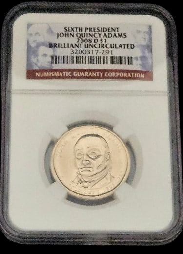 2008-D US John Quincy Adams Presidential Dollar NGC BU: 2008-D US John Quincy Adams Presidential Dollar NGC BU . In-house shipping is available for smaller items. Shipping is available for larger and other fragile items through Pac Mail, which is a local s