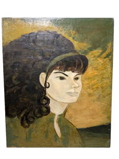 Portrait of Woman: Portrait of Woman, oil on canvas.24" x 20" x 0.1"Oil on canvas board Mid Century Modern portrait of young woman. Olive green and brown. Unsigned. Unframed.In-house shipping is available for smaller it
