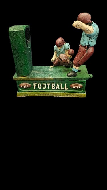 Cast Iron Bank (Football): Cast Iron Bank (Football). In-house shipping is available for smaller items. Shipping is available for larger and other fragile items through Pac Mail, which is a local shipping option. You may also o