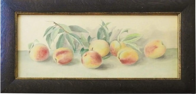 Antique Still Life Peaches Watercolor Painting: Antique Still Life Peaches Watercolor Painting. Sight: 8.75" x 21.25" Frame: 13" x 26" Antique circa 1900 watercolor on artist board still life with peaches. Signed LWR lower right. Displayed under gl