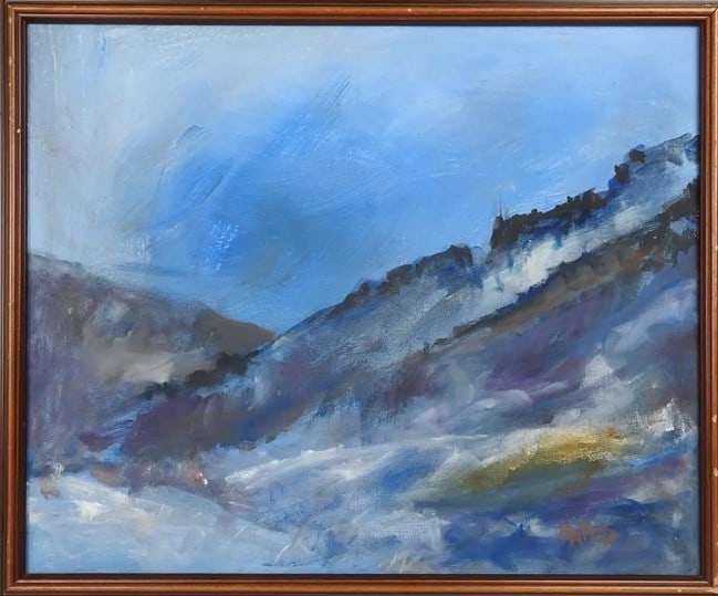 1989 Modernist Blue Mountain Landscape Painting: 1989 Modernist Blue Mountain Landscape Painting, oil on canvas.Sight: 15.5" x 19.25"Frame: 18" x 21.5"1989 oil on canvas modernist mountain landscape painting by Robert L. Hayes (20th century) America