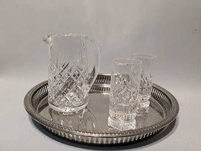 Royal Doulton Crystal Pitcher & Drinking Glass Set & 12"Tray: Royal Doulton Crystal Pitcher & Drinking Glass Set & 12"Tray.6.25" x 5"In-house shipping is available for smaller items. Shipping is available for larger and other fragile items through Pac Mail, whic