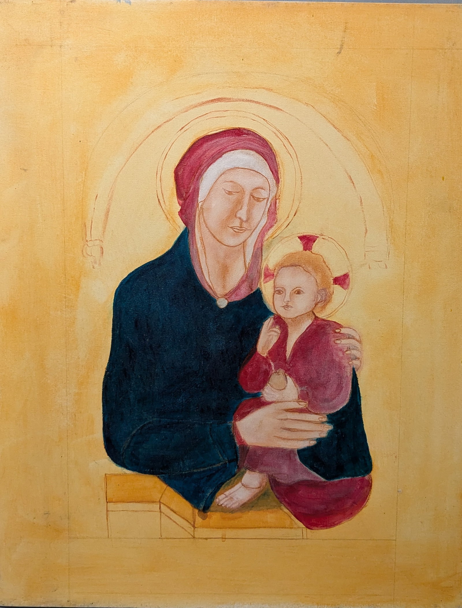 Rebecca De Leon Almazan, "Madonna & Child": Rebecca De Leon Almazan, "Madonna & Child", oil on canvas. 20" x 16" x 0.5" In-house shipping is available for smaller items. Shipping is available for larger and other fragile items through Pac Mail,