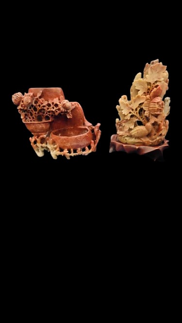 Pair of Chinese Soapstone Carvings: Pair of Chinese Soapstone Carvings .6.25" x 5"In-house shipping is available for smaller items. Shipping is available for larger and other fragile items through Pac Mail, which is a local shipping opt