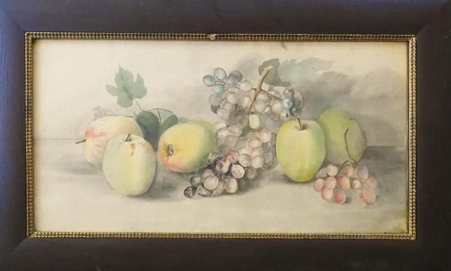 Antique Apples Grapes Still Life Watercolor Painting: Antique Apples Grapes Still Life Watercolor Painting, watercolor. Sight: 24.25" x 20.25" Frame: 15" x 25" Antique circa 1900 watercolor on artist board still life painting with apples and grapes. Sign