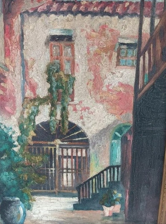 E. Colley Vintage Early 20th Century Courtyard Painting: E. Colley Vintage Early 20th Century Courtyard Painting, oil on canvas board. Sight: 19.5" x 15.25" Frame: 22.5" x 18.5" Vintage early 20th century impasto oil on canvas board painting of interior cou