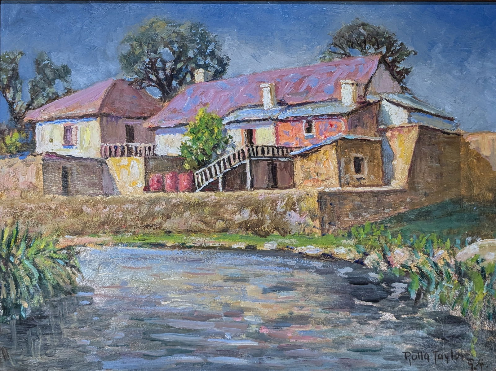 Rolla Sims Taylor, " Recruiting Office on the San Antonio River": Rolla Sims Taylor, " Recruiting Office on the San Antonio River WWI", oil on board.Sight: 11.75" x 15.75"Frame: 15.25" x 19.25"Provenance: Recruiting Office for World War I on the San Antonio River In