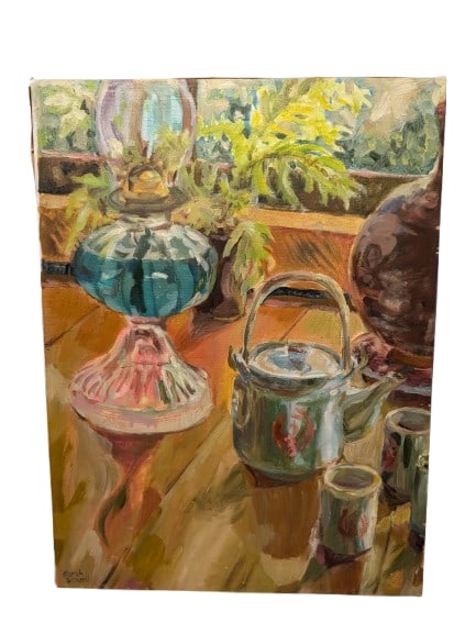 Vintage Tabletop Still Life Painting With Pottery Tea Set (1 of 5)