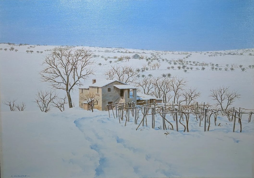 1987 Italian Vineyard in Winter Landscape: 1987 Italian Vineyard in Winter Landscape, oil on canvas. 19.5" x 27.5" x 0.75" In-house shipping is available for smaller items. Shipping is available for larger and other fragile items through Pac M