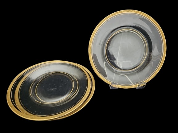 (3) Tiffin Franciscan Gold-Rimmed w/ Leaf Scrolls: (3) Tiffin Franciscan Gold-Rimmed w/ Leaf Scrolls. In-house shipping is available for smaller items. Shipping is available for larger and other fragile items through Pac Mail, which is a local shippin