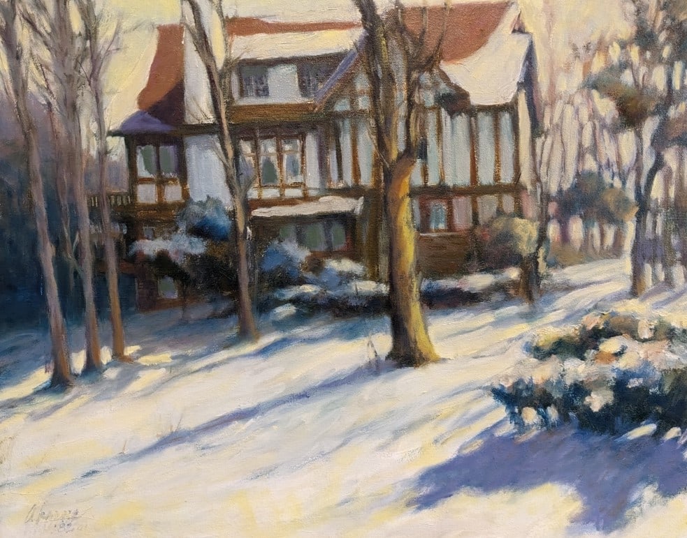 Oil on Canvas Tudor House in Winter: Oil on Canvas Tudor House in Winter.Sight: 15.75" x 19.75"Frame: 22" x 26.5"In-house shipping is available for smaller items. Shipping is available for larger and other fragile items through Pac Mail,