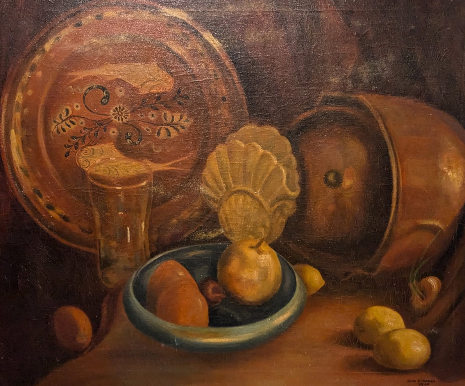 Bess Schwass Mediterranean Still Life Painting: Bess Schwass Mediterranean Still Life Painting , oil on canvas. 34.25" x 38.5" x 0.75" In-house shipping is available for smaller items. Shipping is available for larger and other fragile items throug