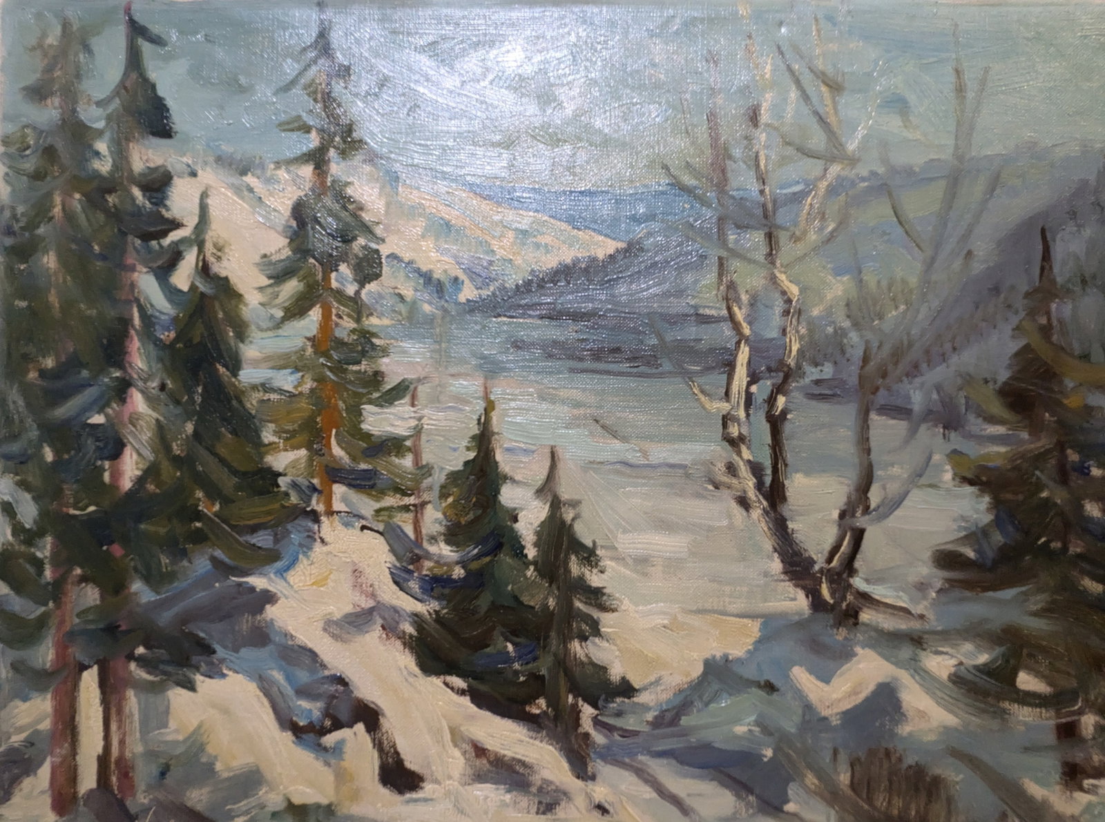 Winter Scene: Winter Scene, oil on board. 24" x 30" In-house shipping is available for smaller items. Shipping is available for larger and other fragile items through Pac Mail, which is a local shipping option. You