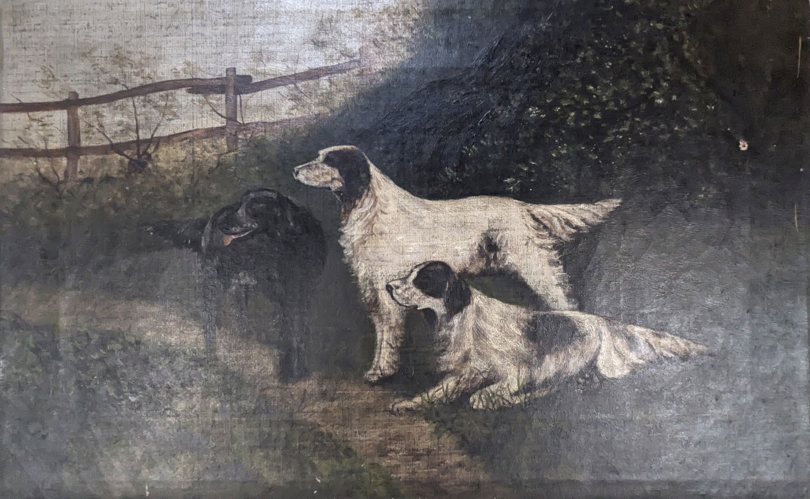 Oil on Canvas, " Setters": Oil on Canvas, " Setters".14" x 22"Provenance: Late 1800's oil on canvas, unframedIn-house shipping is available for smaller items. Shipping is available for larger and other fragile items through Pac