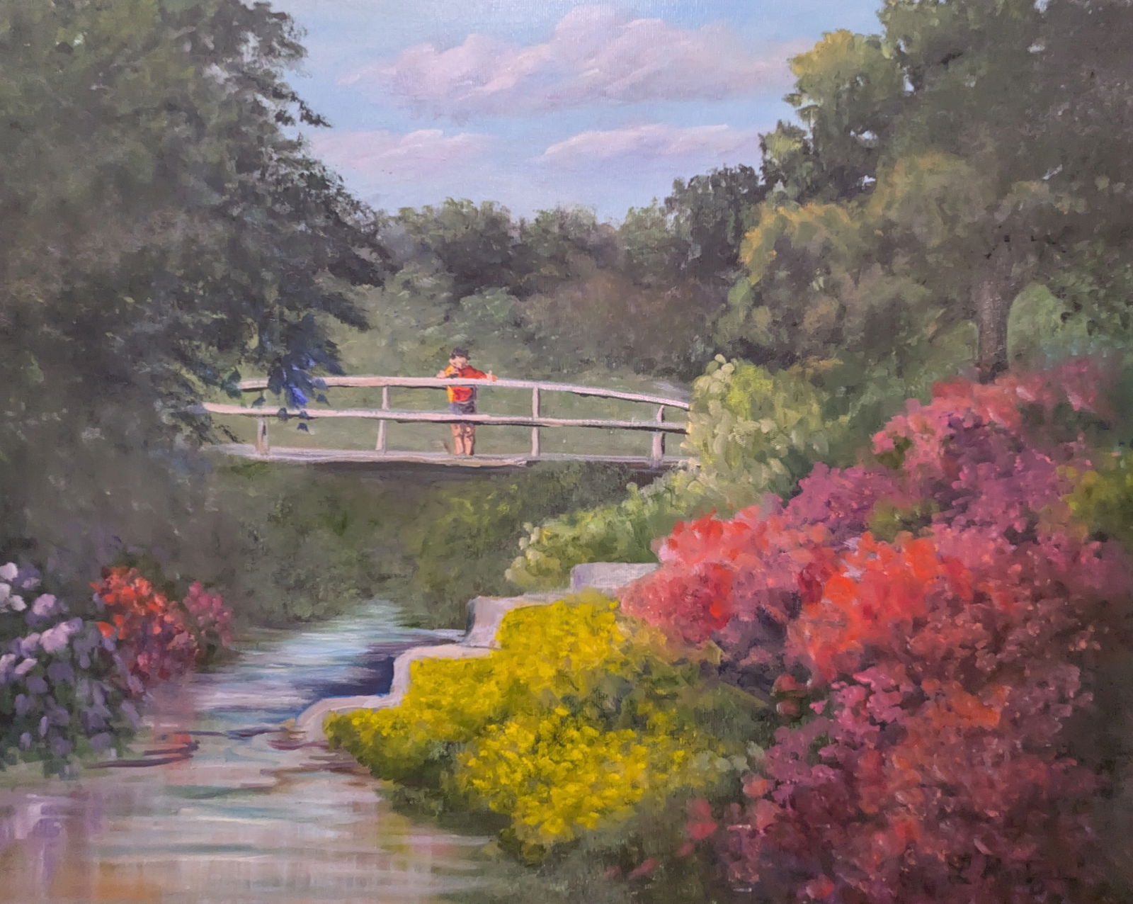 Boy on a Bridge: Boy on a Bridge, oil on canvas.16" x 20"In-house shipping is available for smaller items. Shipping is available for larger and other fragile items through Pac Mail, which is a local shipping option. Y