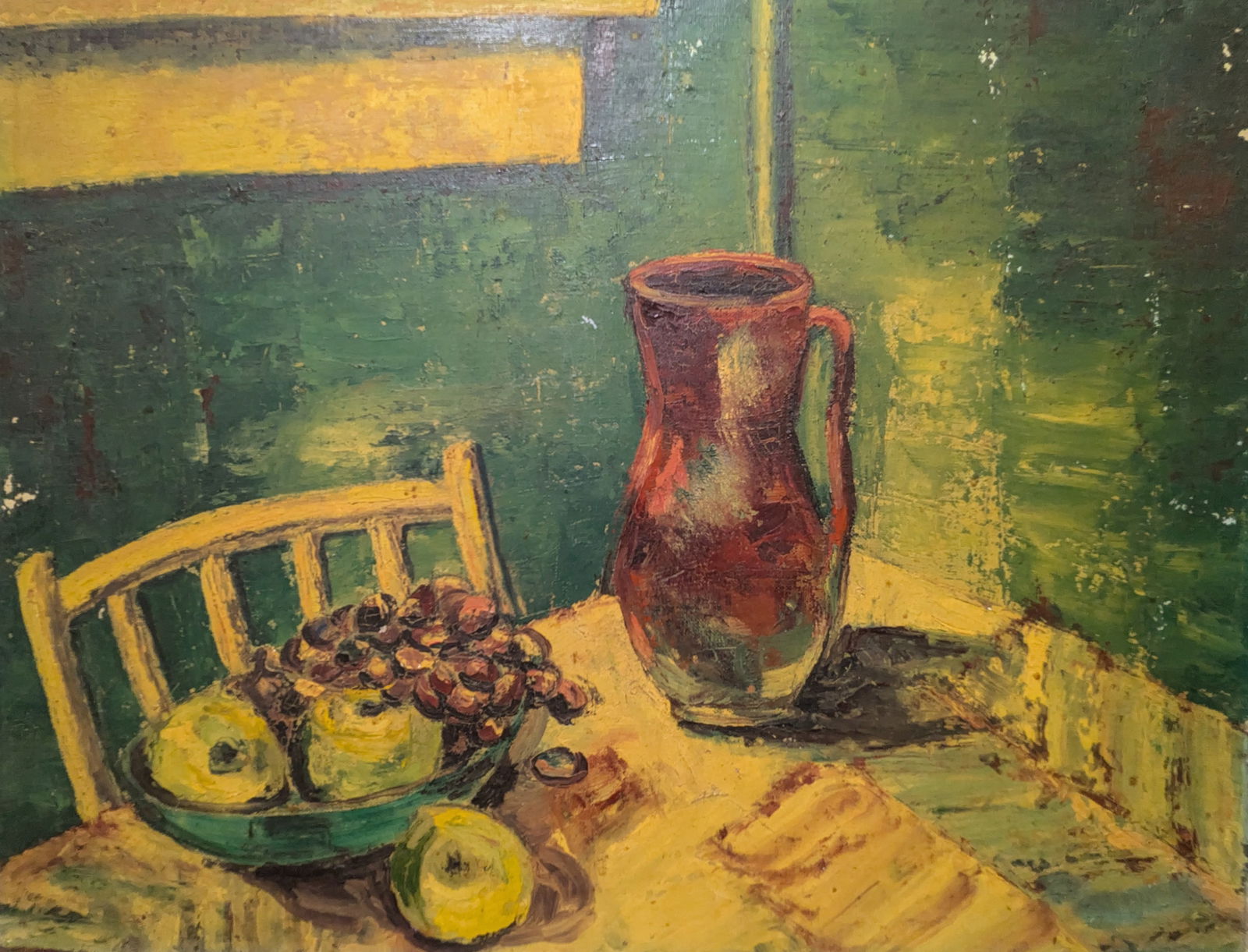 Table & Fruit Still Life: Table & Fruit Still Life, oil on board.16" x 20"In-house shipping is available for smaller items. Shipping is available for larger and other fragile items through Pac Mail, which is a local shipping