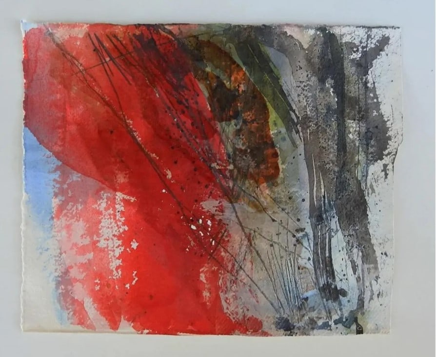 George Turner Abstract Mixed Media Painting in Red & Gray: George Turner Abstract Mixed Media Painting in Red & Gray.11" x 13.5" x 0.1"In-house shipping is available for smaller items. Shipping is available for larger and other fragile items through Pac