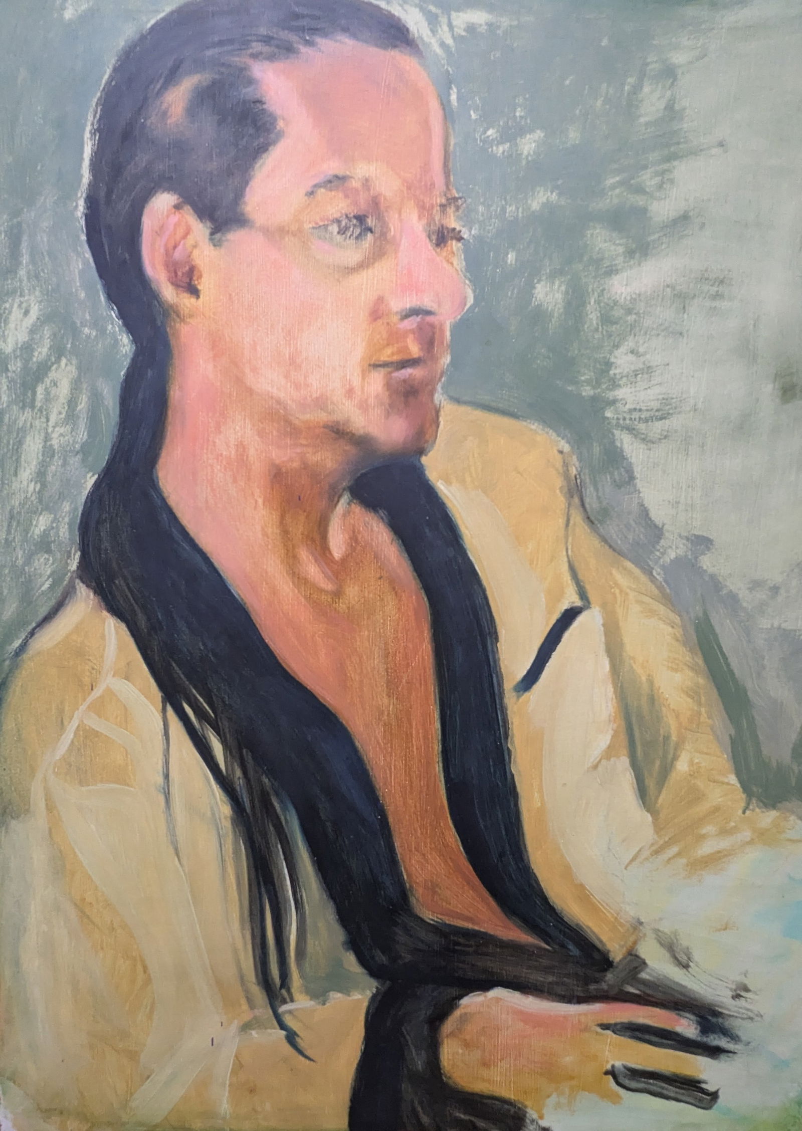 Seated Man Painting: Seated Man Painting, oil on board.28.25" x 21.25"In-house shipping is available for smaller items. Shipping is available for larger and other fragile items through Pac Mail, which is a local