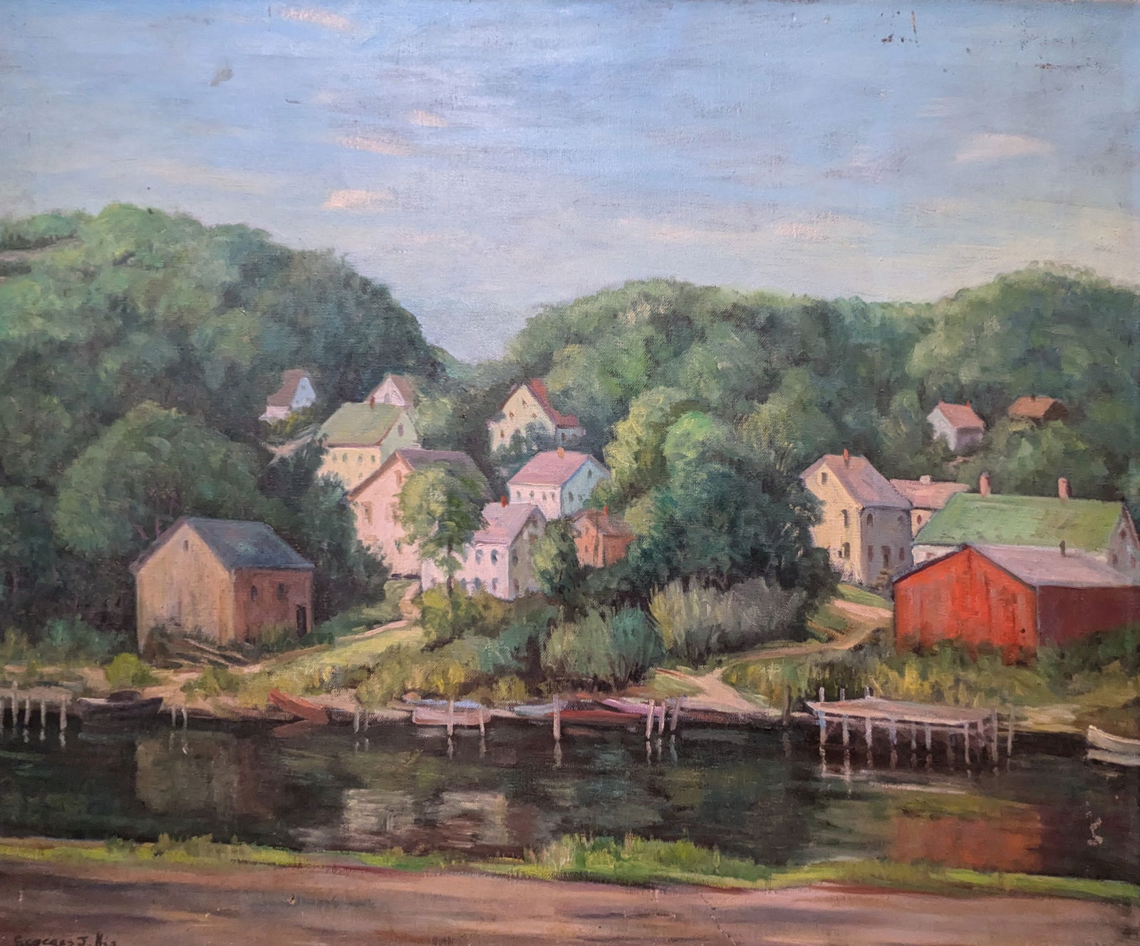 Houses Landscape: Houses Landscape, oil on canvas.25.25" x 30"In-house shipping is available for smaller items. Shipping is available for larger and other fragile items through Pac Mail, which is a local shipping