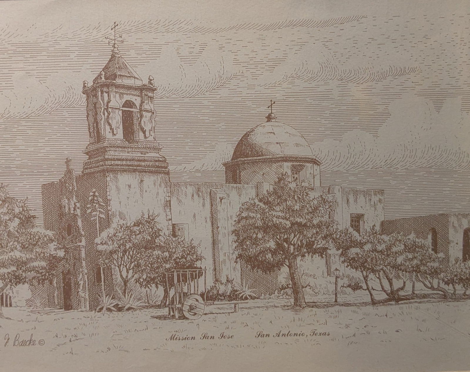 Florent Backe, "Mission San Jose, San Antonio, Texas": Florent Backe, "Mission San Jose, San Antonio, Texas", Print.Sight: 10.75" x 13.75"Frame: 16.5" x 20.75"In-house shipping is available for smaller items. Shipping is available for larger and other fra