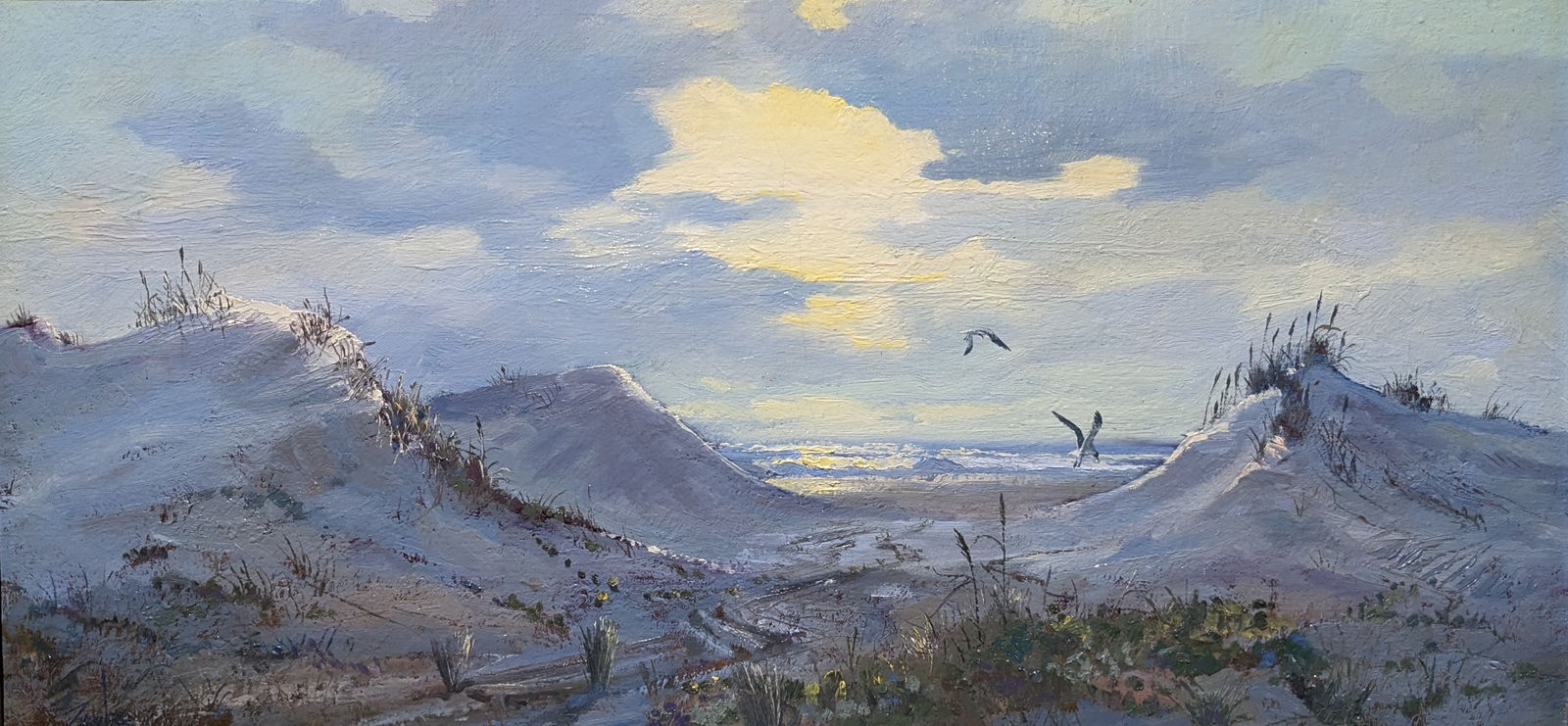 Bill Zaner, Sunrise on Padre Island: Bill Zaner, Sunrise on Padre Island, oil on canvas.Sight: 11.7" x 23.75"Frame: 19.75" x 31.75"In-house shipping is available for smaller items. Shipping is available for larger and other fragile