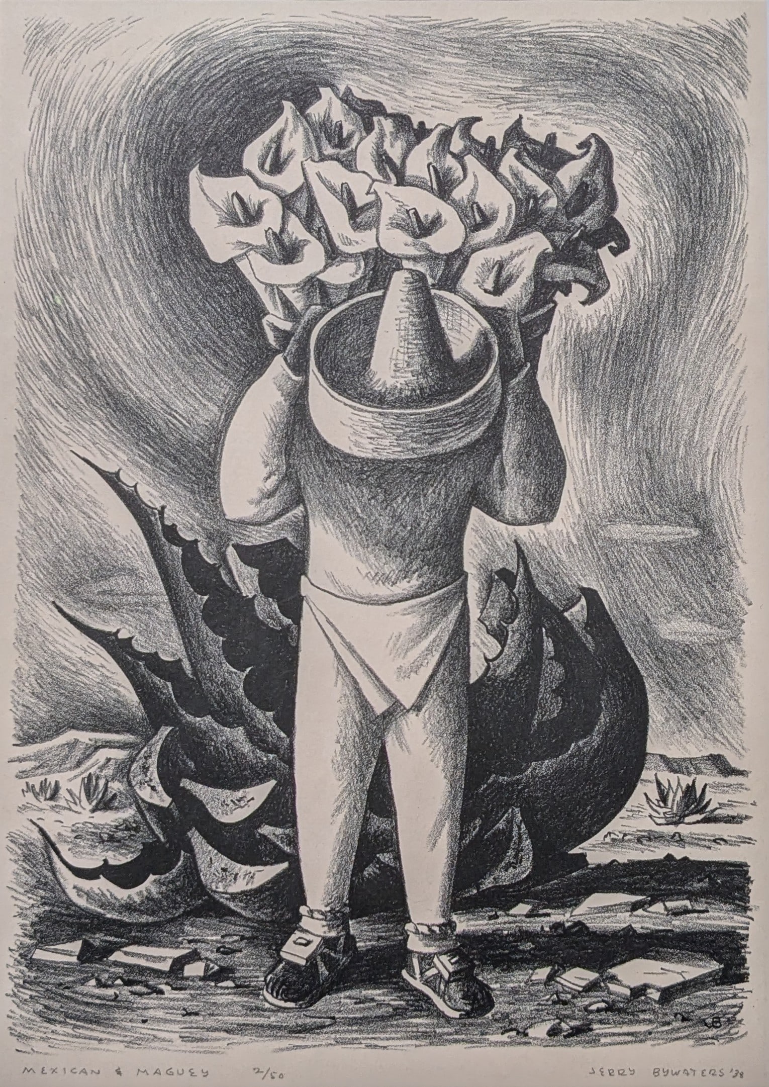 Jerry Bywaters "Mexican & Maguey" 2/50: Jerry Bywaters "Mexican & Maguey" 2/50, Etching.Sight: 11.75" x 8.25"Frame: 9.25" x 15.25"Signed 2/50In-house shipping is available for smaller items. Shipping is available for larger and other