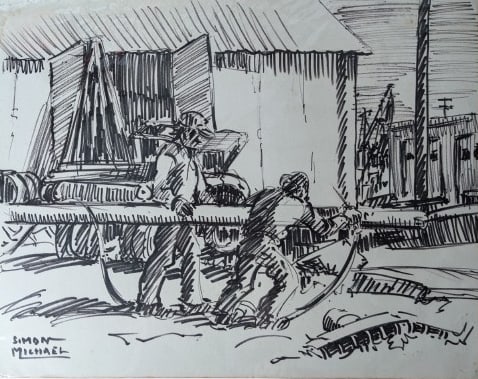 Simon Michael, "Men at Work": Simon Michael, "Men at Work", Etching.12.5" x 16"Unframed. On paper in plastic sleeve.In-house shipping is available for smaller items. Shipping is available for larger and other fragile items through