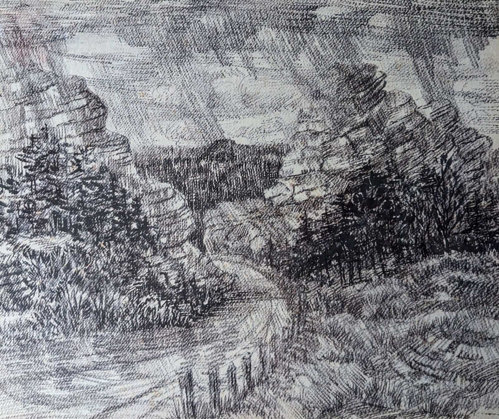 Simon Michael, "Rocks with Rain Falling": Simon Michael, "Rocks with Rain Falling", Etching.15" x 18"Unframed. On paper in plastic sleeve.In-house shipping is available for smaller items. Shipping is available for larger and other fragile