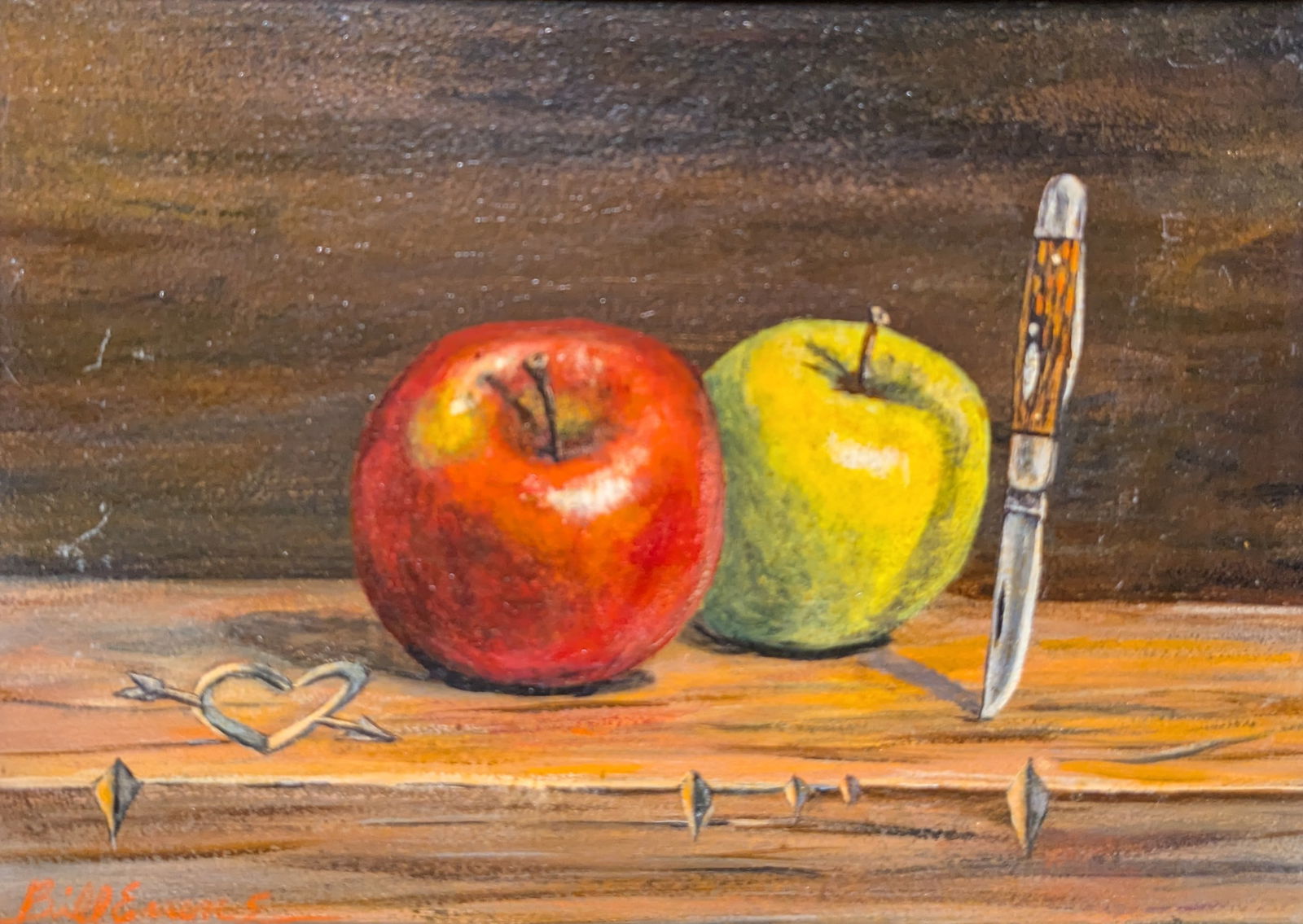 Bill Evans, "Pen Knife & Apples": Bill Evans, "Pen Knife & Apples", oil on board.Sight: 7" x 9"Frame: 8.75" x 10.75"Bill Evans (20th Century) was active/lived in Texas. Bill Evans is a Texas artist, living in the Hill Country. Evans