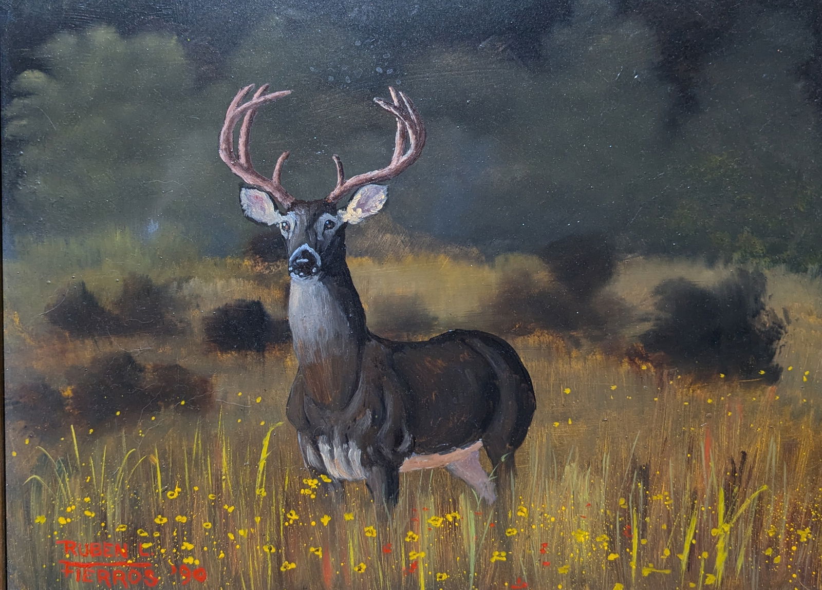 Ruben L. Fierros, "Buck" (1990): Ruben L. Fierros, "Buck" (1990), oil on board.Sight: 9" x 12"Frame: 14.25" x 17.25"In-house shipping is available for smaller items. Shipping is available for larger and other fragile items through
