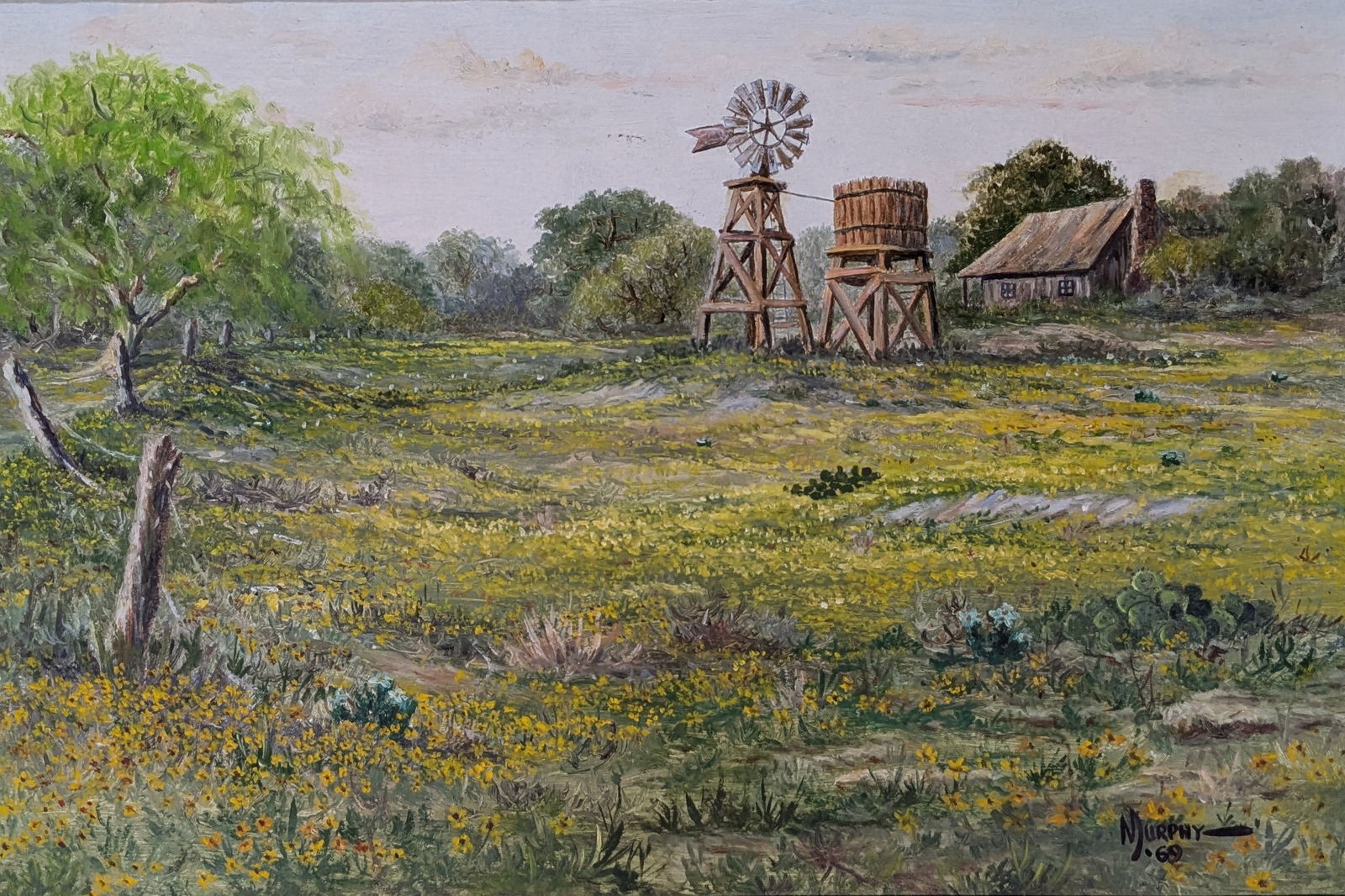 Ernest Murphy, "Old Farm with Yellow Flowers": Ernest Murphy, "Old Farm with Yellow Flowers", Acrylic on board.Sight: 11.75" x 17.25"Frame: 18" x 23.75"In-house shipping is available for smaller items. Shipping is available for larger and other