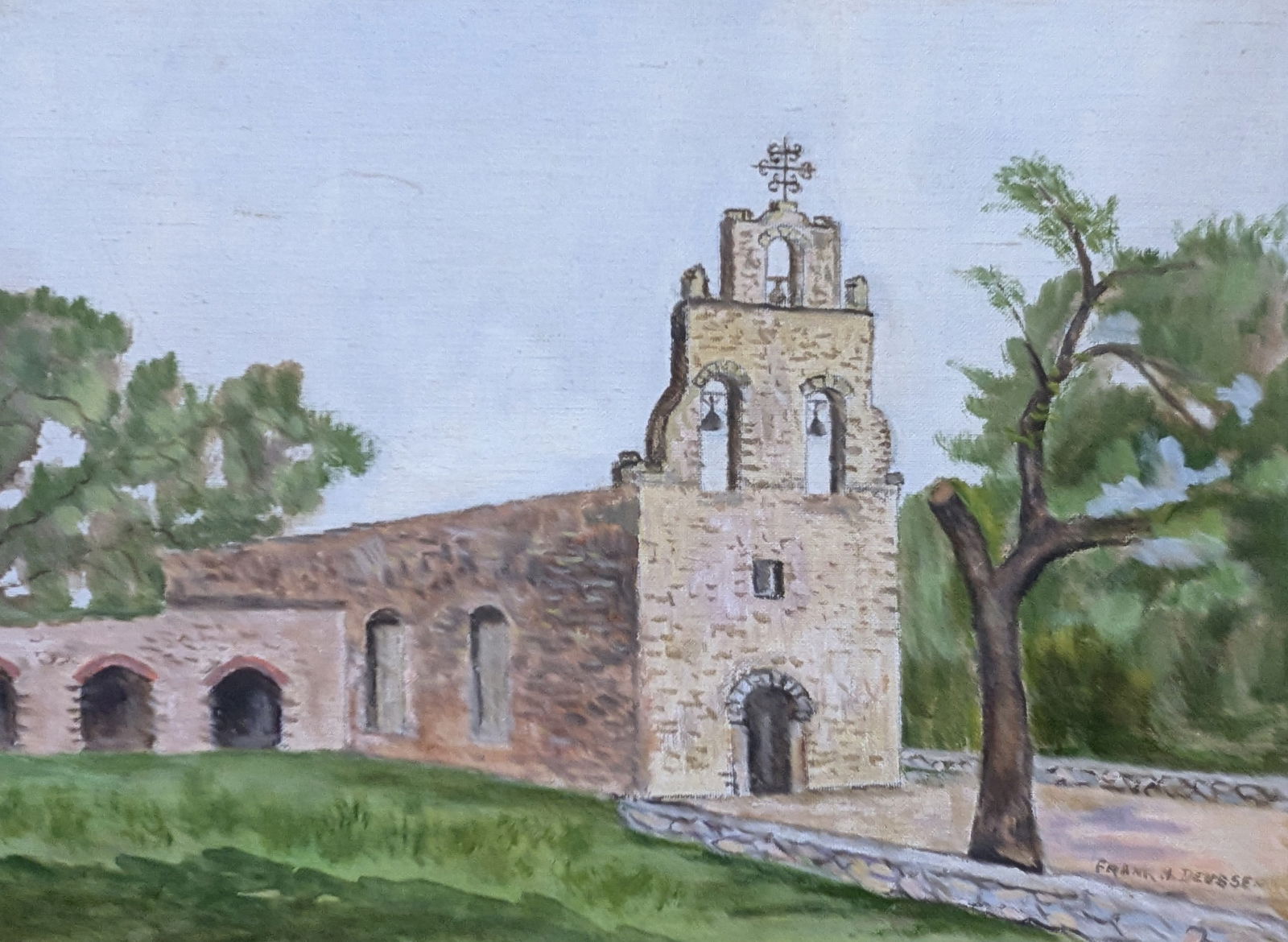 Frank H. Deussen, "Mission Espada: Frank H. Deussen, "Mission Espada, oil on canvas.Sight: 11.75" x 15.75"Frame: 21.25" x 25"Frank Henry Deussen (1905 - 1982) was active/lived in Texas.Source: AskART Auction RecordsIn-house shipping