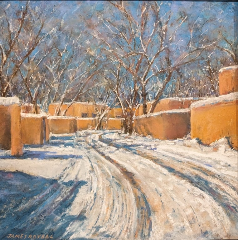 James Roybal, Pastel "Acequia Madre Hideaway": James Roybal, Pastel "Acequia Madre Hideaway".Sight: 15.5" x 15.5"Frame: 19.5" x 19.5"Painter and sculptor James Roybal is known for his realistic depictions of Native American figure, animals and
