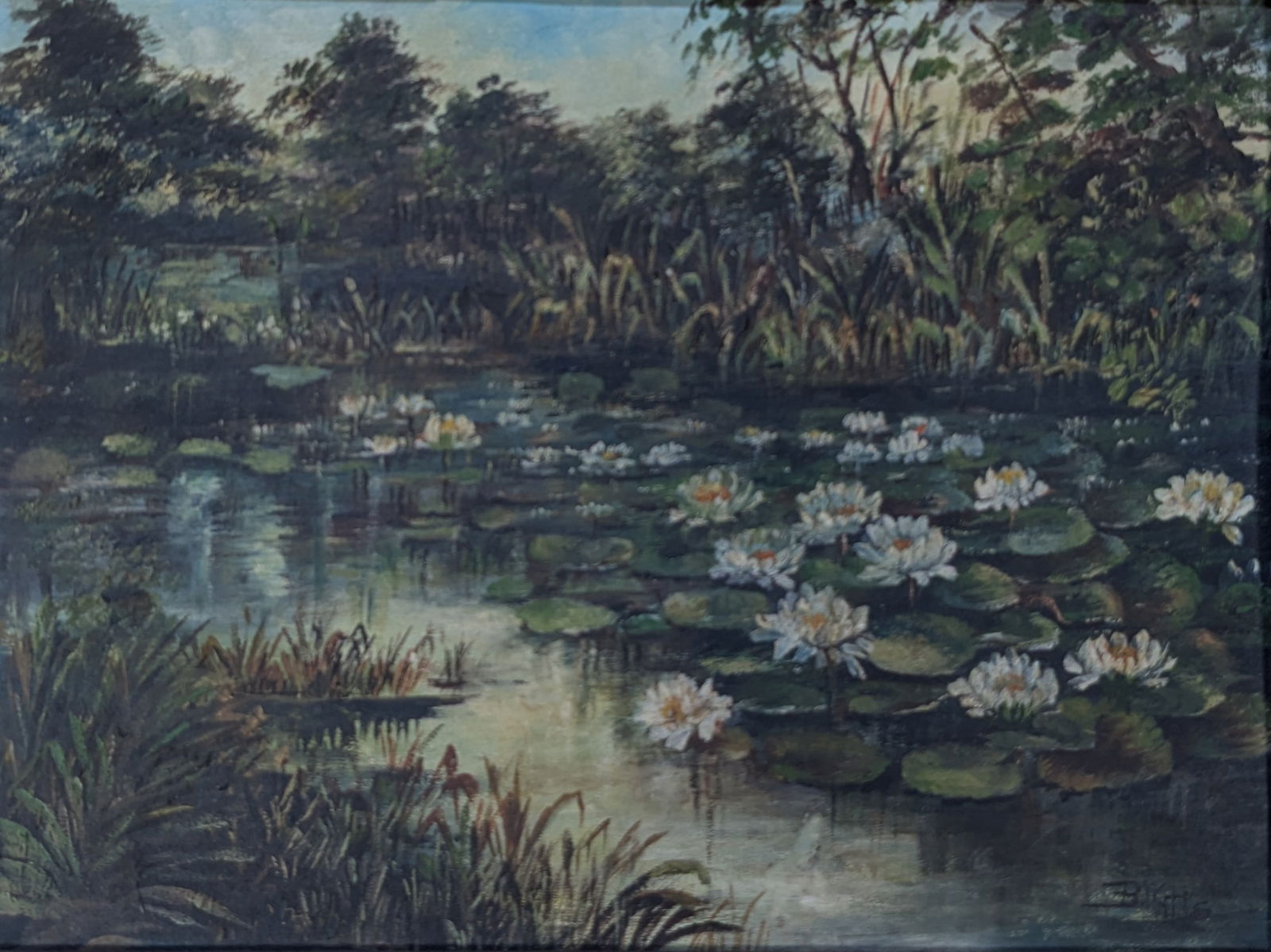 Beulah Watts, " San Antonio River Lilly Pads": Beulah Watts, " San Antonio River Lilly Pads".Sight: 8.25" x 11"Frame: 12.75" x 15.25"Landscape painter Beulah Watts was born July 13, 1872, in Homer, Texas, growing up there. Although her mother did
