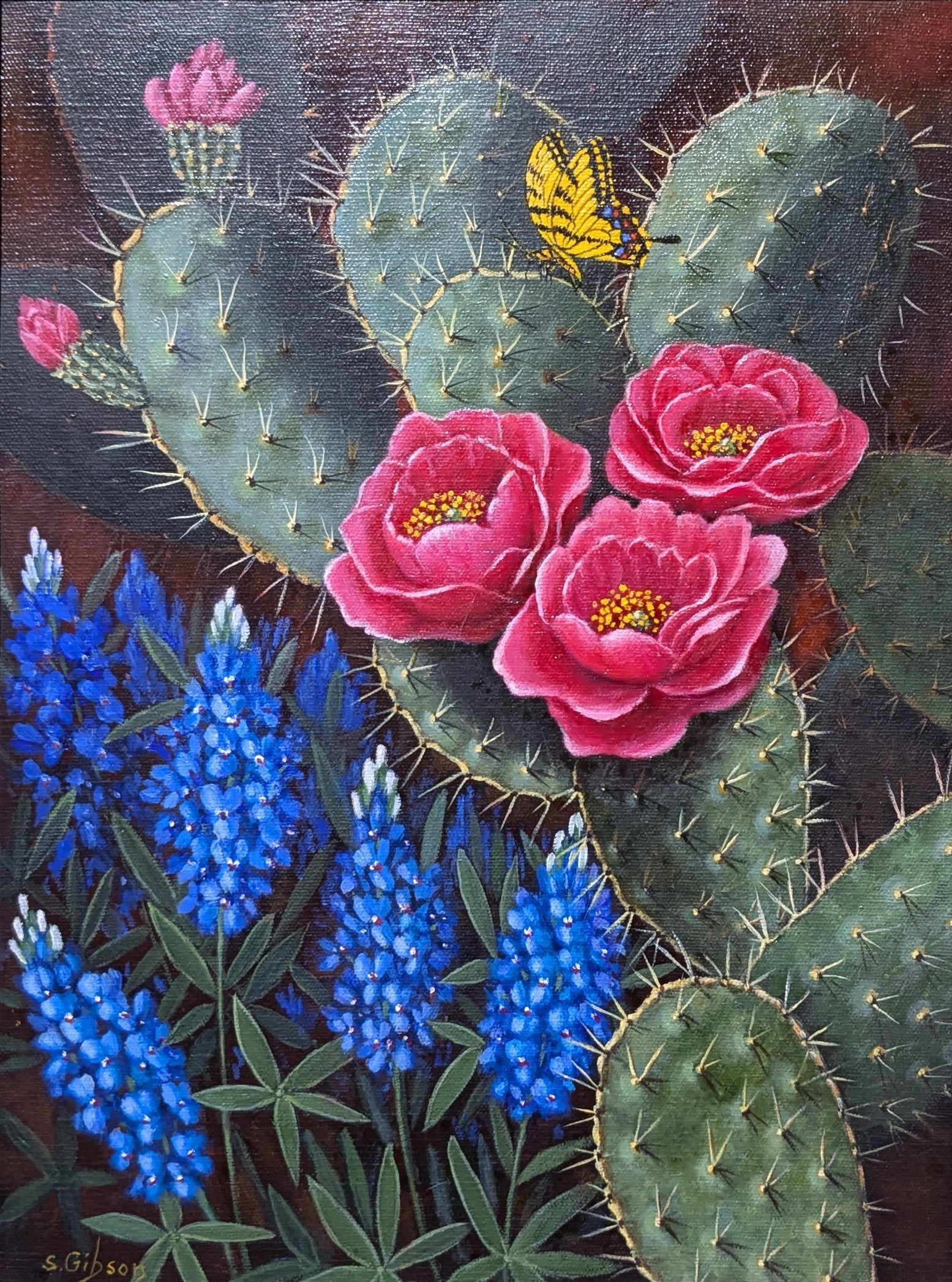 Simone Gibson, "Cactus & Bluebonnets": Simone Gibson, "Cactus & Bluebonnets", oil on canvas.Sight: 16" x 12"Frame: 23.5" x 19.25"In-house shipping is available for smaller items. Shipping is available for larger and other fragile items