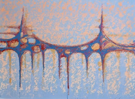 E. Goldman Mid 20th Century Peacock Bridge Serigraph 27/40: E. Goldman Mid 20th Century Peacock Bridge Serigraph 27/40, Serigraph.19" x 26" x 0.1"Unframed. Serigraph 27/40In-house shipping is available for smaller items. Shipping is available for larger and