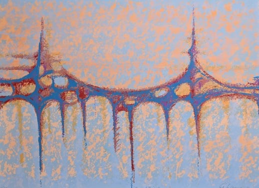 E. Goldman Mid 20th Century Peacock Bridge Serigraph 30/40: E. Goldman Mid 20th Century Peacock Bridge Serigraph 30/40, Serigraph.19" x 26" x 0.1"Unframed. Serigraph 30/40In-house shipping is available for smaller items. Shipping is available for larger and