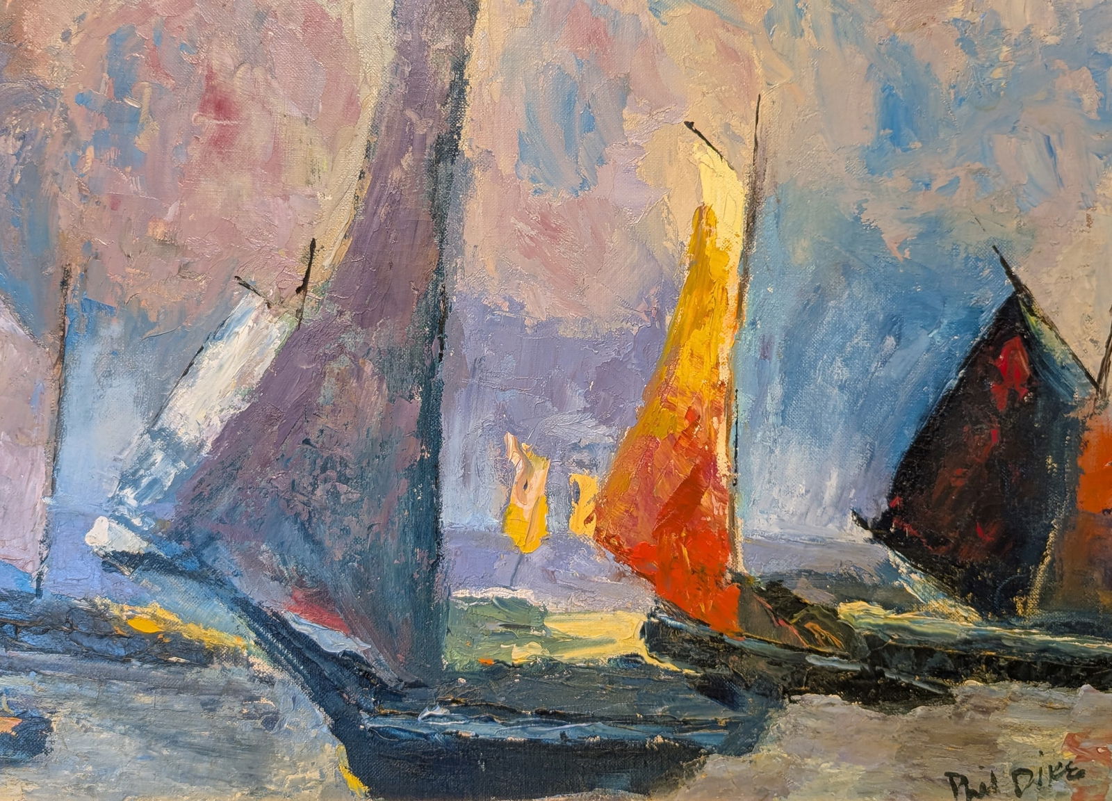 Phil Dike "Sailboats": Phil Dike "Sailboats".Sight: 12.5" x 17.25"Frame: 16.25" x 21.5"Known as the intellectual and artistic leader of the California watercolor artists, Phil Dike was strongly influenced by avant-garde*